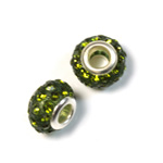 Rhinestone Bead with Large Hole Resin Base and Silver Plated Center - Round 14x9MM OLIVE on GREEN