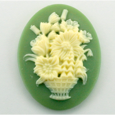 Plastic Cameo - Flower Basket Oval 40x30MM IVORY ON GREEN