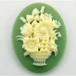 Plastic Cameo - Flower Basket Oval 40x30MM IVORY ON GREEN
