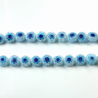 Glass Millefiori Bead - Flat Round 06x3MM WHITE AQUA BLUE RED (16)