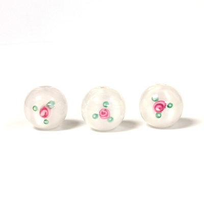 Czech Glass Lampwork Bead - Smooth Round 10MM Flower PINK ON WHITE (00048)