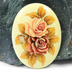 Japanese Glass Porcelain Decal Painting - 2 Roses (2094) Oval 40x30MM ON IVORY BASE