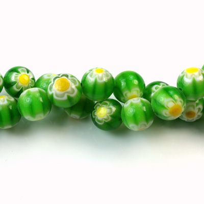 Glass Millefiori Bead - Round 08MM GREEN WHITE YELLOW (13)