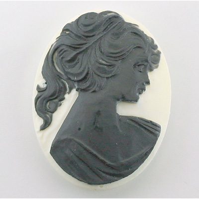 Plastic Cameo - Woman with Ponytail Oval 40x30MM BLACK ON WHITE
