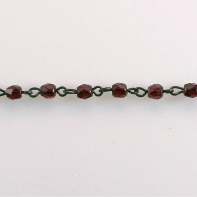 Linked Bead Chain Rosary Style with Glass Fire Polish Bead - Round 4MM GARNET-JET