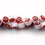 Glass Millefiori Bead - Round 08MM WHITE RED YELLOW (16)