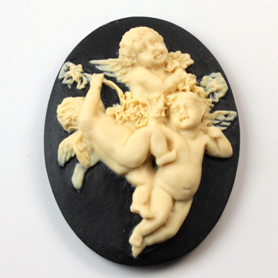 Plastic Cameo - Cherubs 3 Oval 40x30MM IVORY ON BLACK