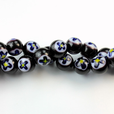 Glass Millefiori Bead - Round 08MM BLACK WHITE BLUE (32)