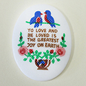 German Plastic Porcelain Decal Painting - PETIT POINT, Cross Stitch Look - Lovebirds Oval 40x30MM ON WHITE BASE