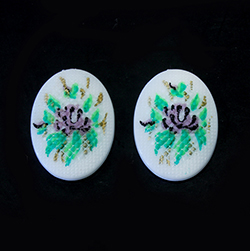 German Plastic Porcelain Decal Painting - PETIT POINT, Cross Stitch Look -Flower Oval 18x13MM PURPLE with Green and Gold  ON WHITE BASE