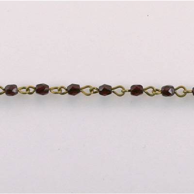 Linked Bead Chain Rosary Style with Glass Fire Polish Bead - Round 3MM GARNET-Brass