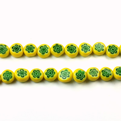 Glass Millefiori Bead - Flat Round 06x3MM YELLOW EMERALD WHITE (18)