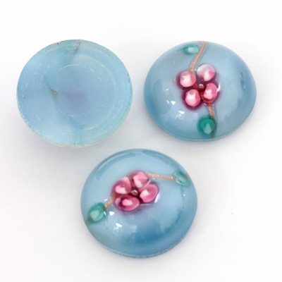 Glass Medium Dome Lampwork Cabochon - Round 18MM PINK ON AQUA (04866)