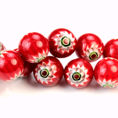 Glass Millefiori Bead - Round 12MM RED WHITE GREEN (05)