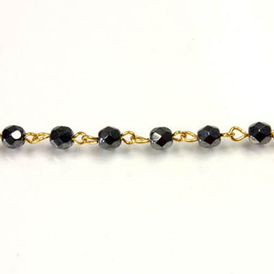 Linked Bead Chain Rosary Style with Glass Fire Polish Bead - Round 4MM HEMATITE-GOLD