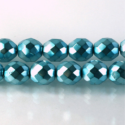 Czech Glass Pearl Faceted Fire Polish Bead - Round 10MM AQUA ON BLACK 72166