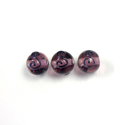 Czech Glass Lampwork Bead - Round 10MM AMETHYST with Swirl Design