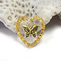 German Glass Engraved Buff Top Intaglio Pendant - BUTTERFLY Heart 15x14MM CRYSTAL GOLD