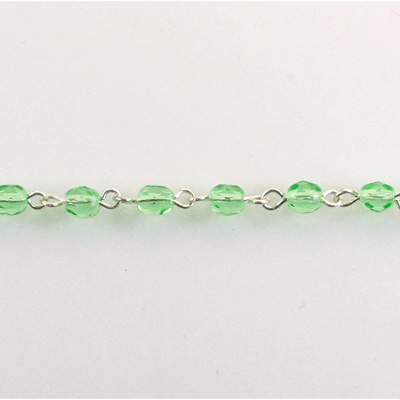 Linked Bead Chain Rosary Style with Glass Fire Polish Bead - Round 4MM PERIDOT-SILVER