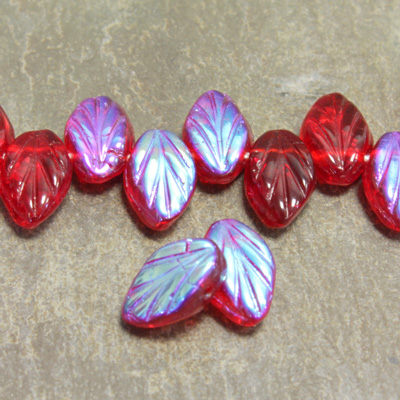 Czech Pressed Glass Engraved Pendant - Leaf 11x7MM RUBY AB