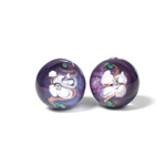 Czech Glass Lampwork Bead - Smooth Round 14MM Flower WHITE ON AMETHYST  (04886)