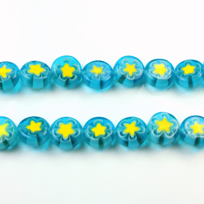 Glass Millefiori Bead - Flat Round 08x4MM AQUA WHITE YELLOW (13)