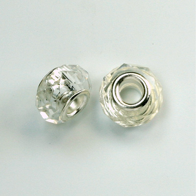 Glass Faceted Bead with Large Hole Silver Plated Center - Round 14x9MM CRYSTAL