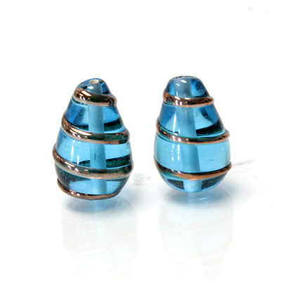 Czech Glass Lampwork Bead - Pear 20x12MM COPPER WRAP AQUA