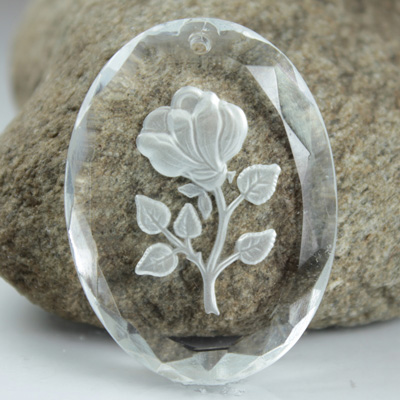 Glass Engraved Buff Top Intaglio Pendant - Rose Oval 40x30MM MATTE CRYSTAL