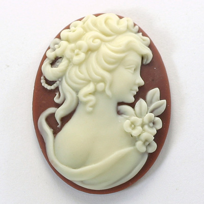 Plastic Cameo - Lady, Edwardian Oval 40x30MM IVORY ON DARK CORNELIAN