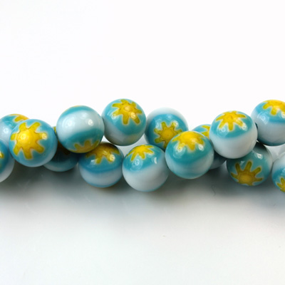 Glass Millefiori Bead - Round 08MM WHITE AQUA YELLOW (02)