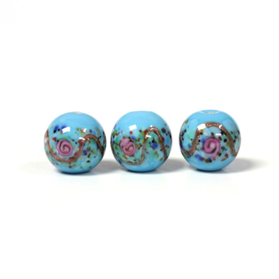 Czech Glass Lampwork Bead - Smooth Round 12MM Flower ON TURQ (63030)