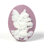 Plastic Cameo - Fairy with Flowers Oval 40x30MM WHITE ON LILAC