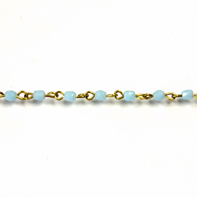 Linked Bead Chain Rosary Style with Glass Fire Polish Bead - Round 3MM LT BLUE TURQUOISE-Brass