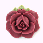 Plastic Flower Pendant with Hole - Rose 33MM MATTE Maroon Petals with Olive Leaves