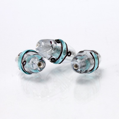 Czech Glass Lampwork Bead - Oval 18x8MM ART DECO AQUA with SILVER FOIL