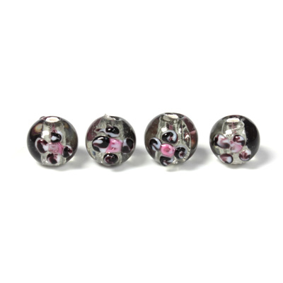 Czech Glass Lampwork Bead - Round 08MM Flower ON BLACK DIAMOND with  SILVER FOIL