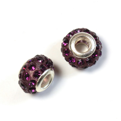 Rhinestone Bead with Large Hole Resin Base and Silver Plated Center - Round 14x9MM AMETHYST on PURPLE