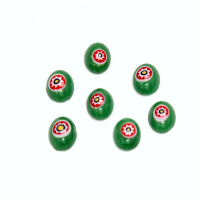 Glass Medium Dome Lampwork Cabochon - Oval 08x6MM VENETIAN GREEN MOSAIC (04471)