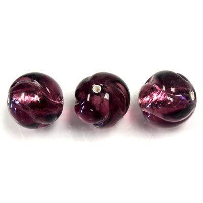 Czech Glass Lampwork Bead - Round Twist 12MM AMETHYST SILVER LINE 2002