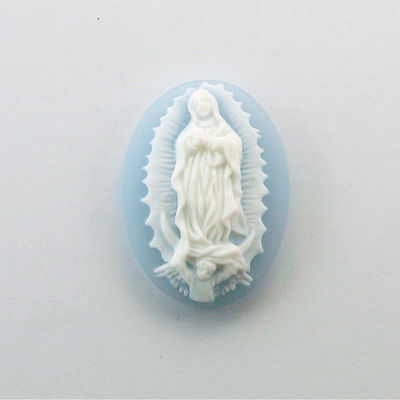 Plastic Cameo - Virgin of Guadalupe Oval 25x18MM WHITE ON BLUE