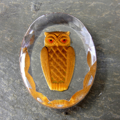 Glass Flat Back Reverse Carved Intaglio Back Owl Oval 40x30MM BROWN on CRYSTAL