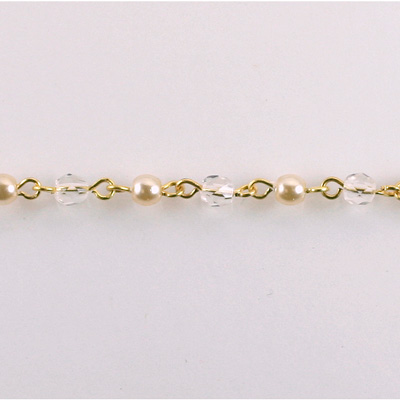 Linked Bead Chain Rosary Style with Glass Fire Polish Bead - Round 4MM CRYSTAL-WHITE PEARL-GOLD