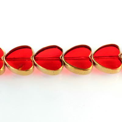 Glass Fire Polished Table Cut Window Bead - Heart 14MM RUBY with METALLIC COATING