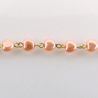 Linked Bead Chain Rosary Style -with Glass Pearl Smooth Bead - Heart 6MM PINK-GOLD