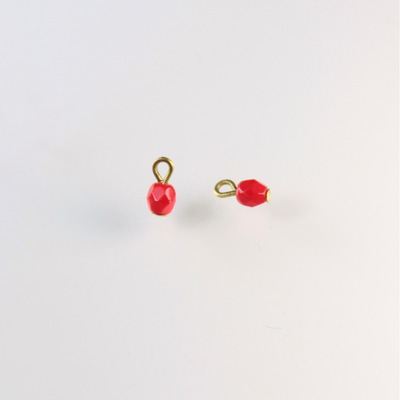 Glass Fire Polished Bead with 1 Brass Loop - Round 04MM RED/Brass