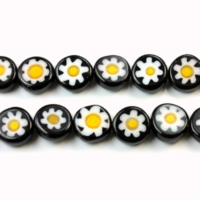 Glass Millefiori Bead - Flat Round 10x4MM BLACK WHITE YELLOW (09)