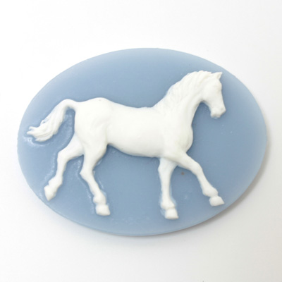 Plastic Cameo - Horse Oval 40x30MM WHITE ON BLUE