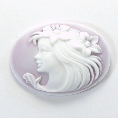 Plastic Cameo - Woman Sideways Oval 40x30MM WHITE ON LILAC FS