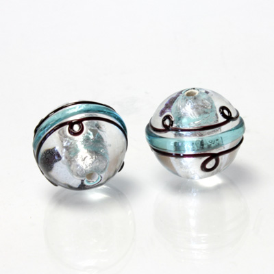 Czech Glass Lampwork Bead - Round 14MM ART DECO AQUA with  SILVER FOIL